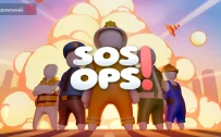 کاور بازی SOS OPS! با لوگوی رسمی بازی روی پنج شخصیت امدادی جلوی انفجاری بزرگ