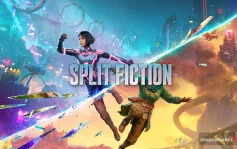 کاور بازی Split Fiction با لوگوی رسمی بازی روی شهر نئونی و قلعه فانتزی
