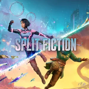 کاور بازی Split Fiction با لوگوی رسمی بازی روی شهر نئونی و قلعه فانتزی