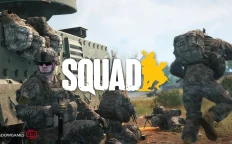 کاور بازی Squad با لوگوی رسمی بازی روی سربازان کنار خودروی زرهی در میدان نبرد