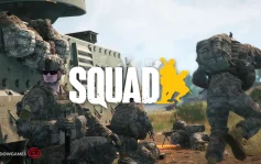 کاور بازی Squad با لوگوی رسمی بازی روی سربازان کنار خودروی زرهی در میدان نبرد