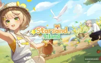 کاور بازی Starsand Island با لوگوی رسمی بازی روی دختری با کلاه حصیری کنار مزرعه