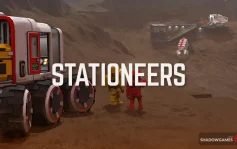 کاور بازی Stationeers با لوگوی رسمی بازی روی دو فضانورد کنار خودروی بزرگ در دره خاکی