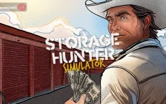 کاور بازی Storage Hunter Simulator با لوگوی رسمی بازی روی مردی کابوی با دسته اسکناس