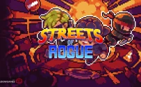کاور بازی Streets of Rogue با لوگوی رسمی بازی روی شخصیت های پیکسلی و انفجار نارنجی
