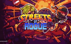کاور بازی Streets of Rogue با لوگوی رسمی بازی روی شخصیت های پیکسلی و انفجار نارنجی