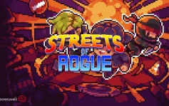 کاور بازی Streets of Rogue با لوگوی رسمی بازی روی شخصیت های پیکسلی و انفجار نارنجی