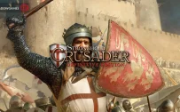 کاور بازی Stronghold Crusader: Definitive Edition با لوگوی رسمی بازی روی شوالیه ای با شمشیر برافراشته