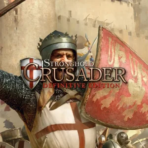 کاور بازی Stronghold Crusader: Definitive Edition با لوگوی رسمی بازی روی شوالیه ای با شمشیر برافراشته