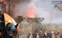 کاور بازی Stronghold: Definitive Edition با لوگوی رسمی بازی روی شوالیه سوار و منجنیق ها