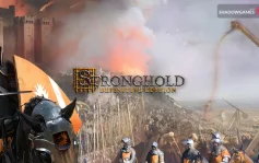 کاور بازی Stronghold: Definitive Edition با لوگوی رسمی بازی روی شوالیه سوار و منجنیق ها
