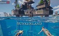 کاور بازی Sunkenland با لوگوی رسمی بازی روی پایگاهی بر فراز آب و دو شناگر
