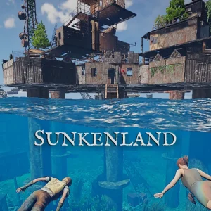کاور بازی Sunkenland با لوگوی رسمی بازی روی پایگاهی بر فراز آب و دو شناگر