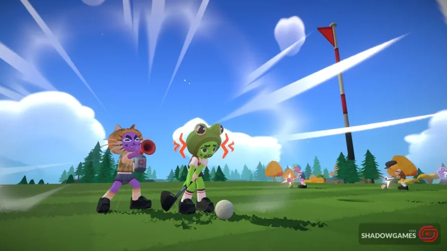 بازیکن قورباغه پوش در حال ضربه به توپ در بازی آنلاین Super Battle Golf