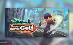 کاور بازی Super Battle Golf با لوگوی رسمی بازی روی گلف باز جوان و دایناسور سبز
