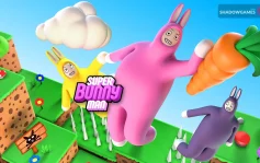 کاور بازی Super Bunny Man با لوگوی رسمی بازی روی سه خرگوش پوش و هویجی بزرگ