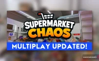 کاور بازی Supermarket Chaos با لوگوی رسمی بازی روی انبوه کالا های ریخته در فروشگاه