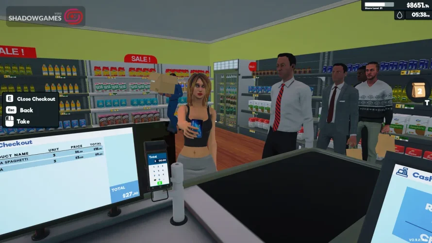 مشتری در حال پرداخت با کارت پشت صندوق و صف خریداران در بازی Supermarket Simulator