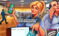 کاور بازی Supermarket Simulator با لوگوی رسمی بازی روی زنی خندان با قوطی نوشابه در فروشگاه