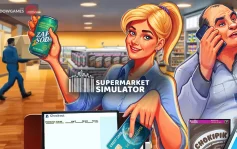 کاور بازی Supermarket Simulator با لوگوی رسمی بازی روی زنی خندان با قوطی نوشابه در فروشگاه