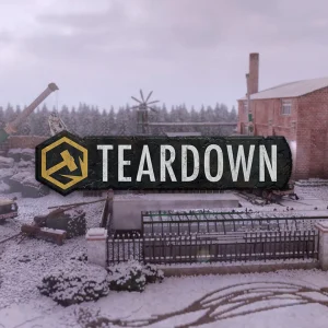 کاور بازی Teardown با لوگوی رسمی بازی روی ساختمان آجری و جرثقیل در محوطه ای برفی