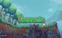 کاور بازی Terraria با لوگوی رسمی بازی روی لبه صخره ای سرسبز کنار آبشار