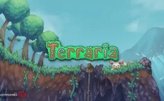 کاور بازی Terraria با لوگوی رسمی بازی روی لبه صخره ای سرسبز کنار آبشار