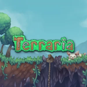 کاور بازی Terraria با لوگوی رسمی بازی روی لبه صخره ای سرسبز کنار آبشار