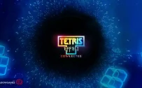 کاور بازی Tetris Effect: Connected با لوگوی رسمی بازی روی ذرات درخشان و مکعب های آبی