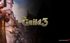 کاور بازی The Guild 3 با لوگوی رسمی بازی روی تاجری با کیسه پول و نگهبان