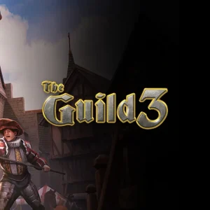 کاور بازی The Guild 3 با لوگوی رسمی بازی روی تاجری با کیسه پول و نگهبان