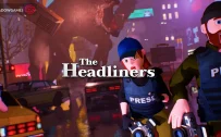 کاور بازی The Headliners با لوگوی رسمی بازی روی خبرنگاران وحشت زده و هیولای غول پیکر