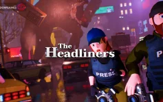 کاور بازی The Headliners با لوگوی رسمی بازی روی خبرنگاران وحشت زده و هیولای غول پیکر