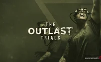 کاور بازی The Outlast Trials با لوگوی رسمی بازی روی زندانی فریادزن با عینک مخصوص