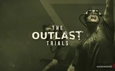 کاور بازی The Outlast Trials با لوگوی رسمی بازی روی زندانی فریادزن با عینک مخصوص