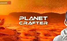کاور بازی The Planet Crafter با لوگوی رسمی بازی روی بیابان نارنجی سیاره و یک فضانورد