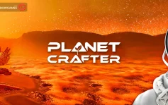 کاور بازی The Planet Crafter با لوگوی رسمی بازی روی بیابان نارنجی سیاره و یک فضانورد