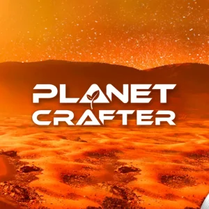 کاور بازی The Planet Crafter با لوگوی رسمی بازی روی بیابان نارنجی سیاره و یک فضانورد