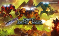 کاور بازی The Riftbreaker با لوگوی رسمی بازی روی سه زره مکانیکی مسلح در میان آتش