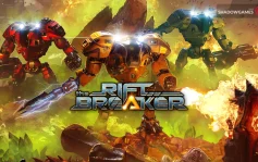 کاور بازی The Riftbreaker با لوگوی رسمی بازی روی سه زره مکانیکی مسلح در میان آتش