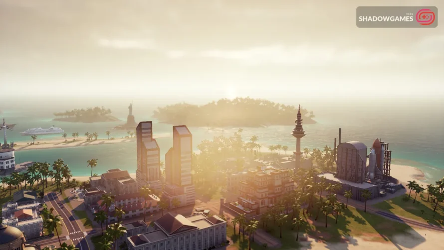 شهری ساحلی با آسمان خراش ها و سکوی پرتاب موشک در بازی آنلاین Tropico 6