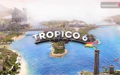 کاور بازی Tropico 6 با لوگوی رسمی بازی روی خلیجی آبی، کاخی سفید و پرچم
