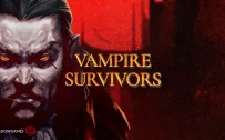 کاور بازی Vampire Survivors با لوگوی رسمی بازی روی چهره خشمگین یک خون آشام