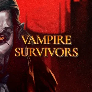 کاور بازی Vampire Survivors با لوگوی رسمی بازی روی چهره خشمگین یک خون آشام