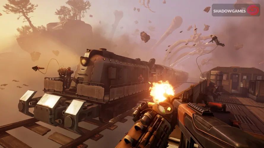 شلیک به قطار دشمن و سرنشینان مسلحش میان صخره های معلق در بازی Voidtrain