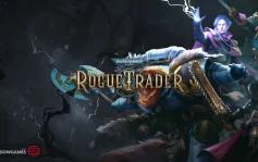 کاور بازی Warhammer 40,000: Rogue Trader با لوگوی رسمی بازی روی جنگجوی زره پوش و همراهانش