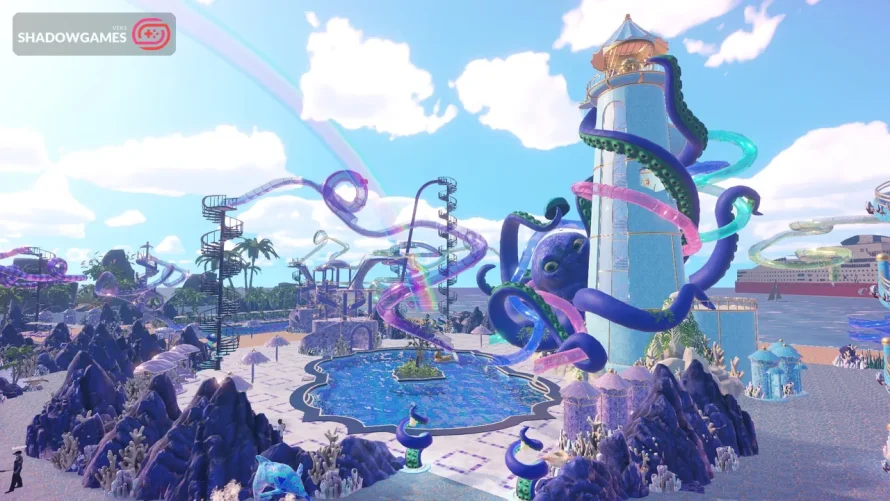 هشت پای بنفش غول پیکر دور فانوس دریایی و سرسره ها در بازی آنلاین Waterpark Simulator