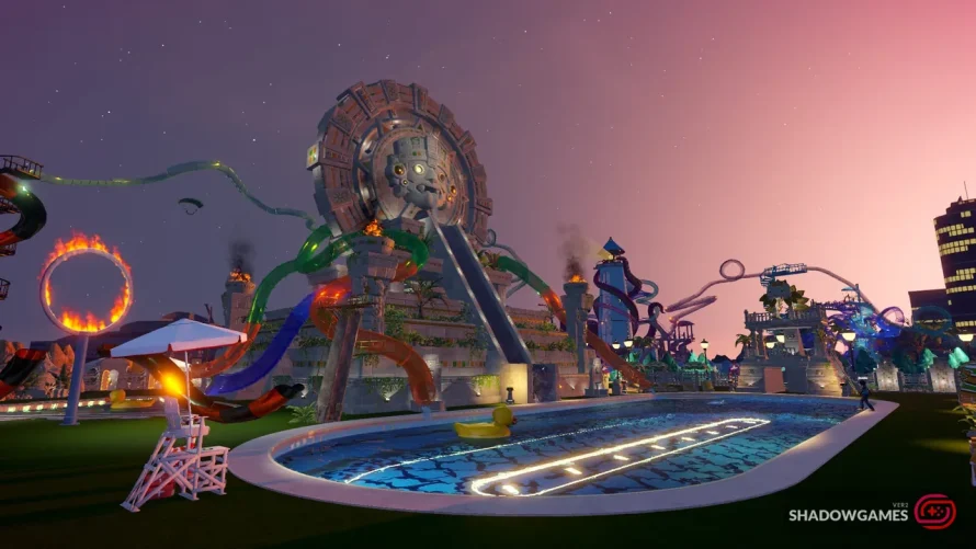 معبد سنگی با سرسره ها و حلقه آتش کنار استخر شبانه در بازی Waterpark Simulator