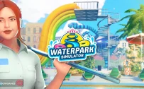 کاور بازی Waterpark Simulator با لوگوی رسمی بازی روی زنی مو قرمز جلوی سرسره ها