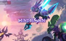 کاور بازی Windblown با لوگوی رسمی بازی روی قهرمانی بنفش با نیزه در آسمان طوفانی